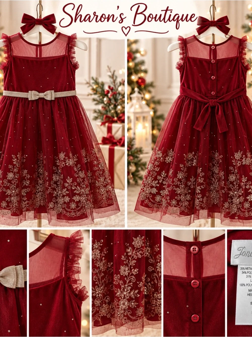 Jona Michelle Girls 7 Burgundy Red Gold Christmas Holiday Party Dress